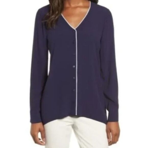 Eileen Fisher Georgette Piped Blouse 100% Silk Crepe Button Down Top Navy Blue M - Picture 1 of 13